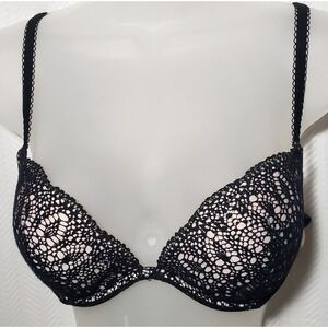 Victoria Secret Bra 34C Push Up Black Lace Over Pink Underwire